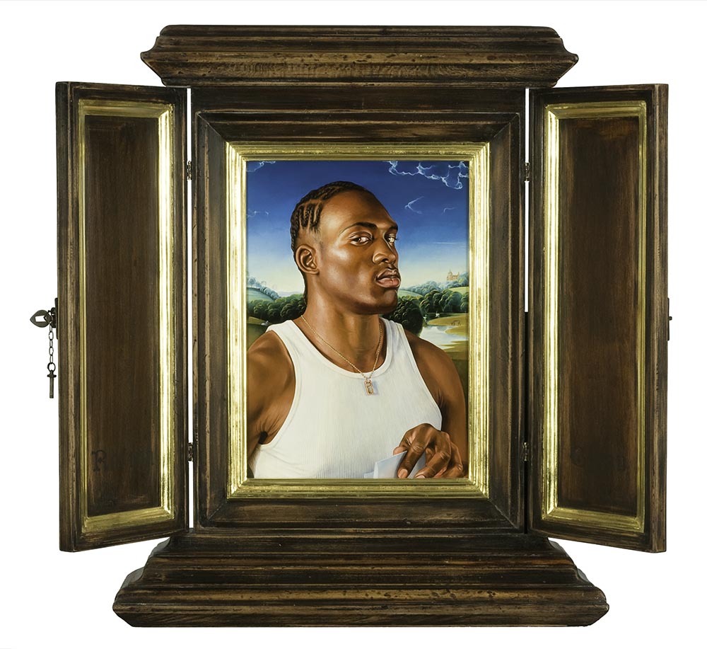 After Memling’s Portrait of a Man with a Letter by Kehinde Wiley